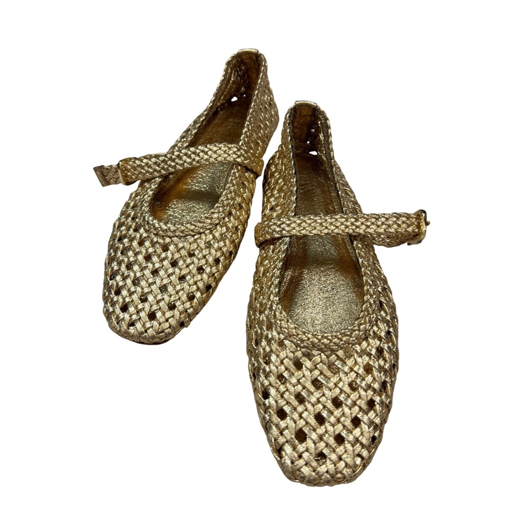 Zara Metallic Gold Woven Mary Jane Ballet Flats Braided Square Toe Size 36 US 6